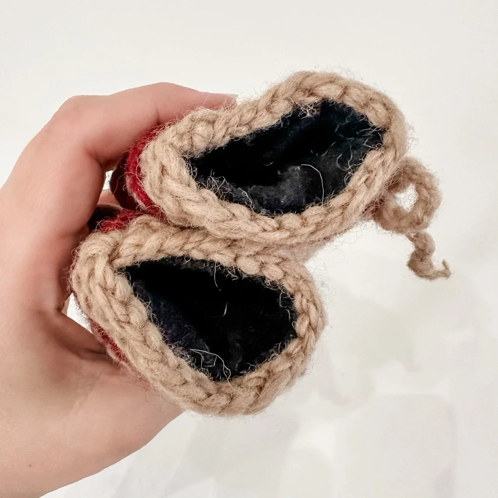 Knit Baby Booties 6-12 Mos Beige Burgundy Maple Leaf Lined Booties Handmade Wool